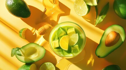 Refreshing Avocado and Citrus Blend with Honey and Fresh Ingredients on Bright Yellow Background