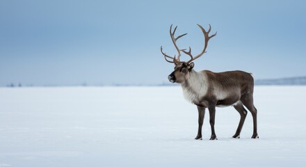 Obraz premium Majestic Reindeer in Winter Wonderland - A single reindeer stands proudly in a vast snowy landscape under a pale blue sky. The scene is peaceful and serene