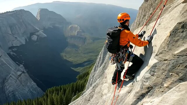 Mountain rescuer rappelling to save stranded hiker on cliff