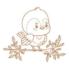 Outline little bird tit on branch with leaves. Funny cartoon kawaii character chickadee. Line drawing, coloring book. Vector illustration. Kids collection