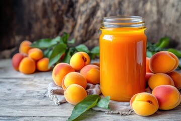 Vibrant apricot juice jar surrounded by fresh apricots on a rustic wooden backdrop inviting summer's joy. Generative AI