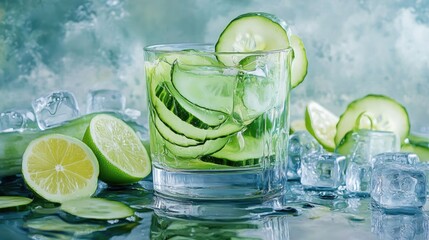 Fototapeta premium Refreshing Cucumber and Lime Drink with Ice Cubes in a Clear Glass on a Colorful Background