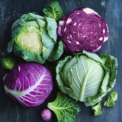 Obraz premium Exploring the variety of cabbages in a vibrant kitchen setting with rich textures and colors celebrating nature's bounty. Generative AI