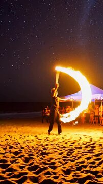 Dynamic fire dance under starry night sky on beachfront with enthralled audience
