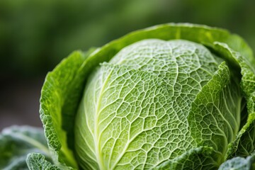 Obraz premium Exploring the intricate textures and veins of a fresh green cabbage leaf against a softly blurred natural backdrop. Generative AI