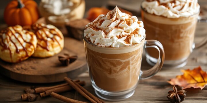National Cafe au Lait Day Delicious pumpkin spice latte with whipped cream and autumn decor