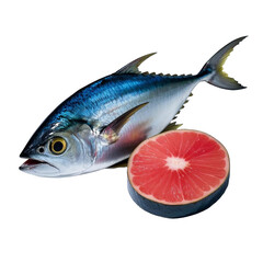 Fototapeta premium Yellowfin tuna fish black fin yellow tuna jumping underwater isolated PNG file download 