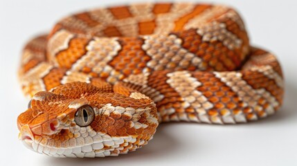 Fototapeta premium A close-up of a vibrant orange and white patterned snake resting on a light surface.