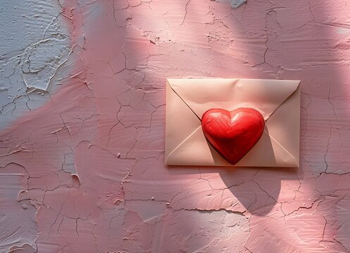 Valentine's Day concept, flat lay of love letter envelope and red heart on pink background with copy space for text
