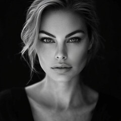 Fototapeta premium Black and white portrait of a woman with piercing eyes and soft lighting, emphasizing facial contours and an intense, captivating gaze.