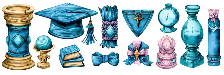 Soft pastel silhouettes of graduationthemed items like hats diplomas tassels using muted colors simplified shapes to create a subtle elegant look offering open areas for design versatility
