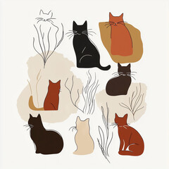 Minimalist cat illustration with earthy tones and abstract shapes for modern decor and design