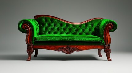 A luxurious green velvet sofa with intricate wooden details, showcasing elegance and classic design.