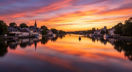 Serene Sunset Over River Town - Picturesque riverside town at sunset, reflecting vibrant colors in calm water. Tranquil evening scene