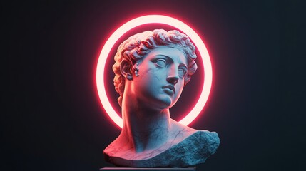 White marble classical head sculpture lit by a neon ring against a black background.