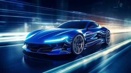Obraz premium A futuristic blue sports car speeding through a city at night.