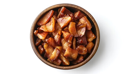 Slices of tasty fried bacon in bowl isolated on white, top view