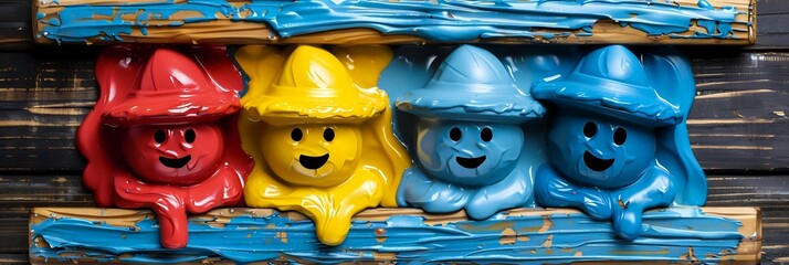 Obraz premium Bright bubbly colors cartoon graduates with bold rounded figures holding caps and diplomas symbolizing happiness and celebration leaving large blank spaces for customization