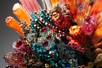Naklejka premium Vibrant abstract artwork showcasing a circuit board adorned with colorful, jewel-like structures.