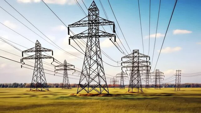 Low-angle video frame of power lines stretching across a vast field, capturing the expanse and symmetry against a clear sky, emphasizing industrial beauty.