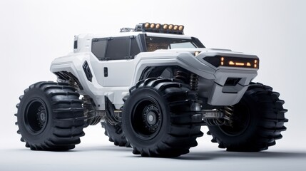 Obraz premium A futuristic white monster truck with glowing headlights and lar