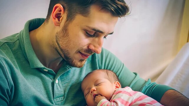A happy father looks tenderly at his newborn baby. For advertising family services, parenting content, medical and children's products.