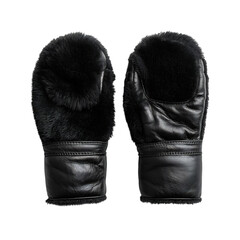 Faux Leather Mittens in Jet Black with Faux Shearling Isolated on Transparent Background