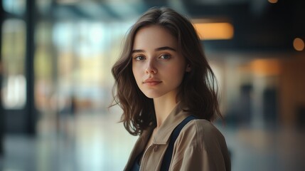Obraz premium Portrait of a Young Woman with Brown Hair in a Modern Setting