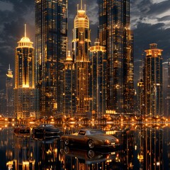 Fototapeta premium Skyscrapers with golden lighting reflecting on water, with three cars appearing to float on the surface.