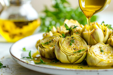Grilled artichoke hearts drizzled with olive oil and garnished with fresh herbs. Freshly cooked artichoke hearts are served on a plate, generously drizzled with olive oil and sprinkled with herbs