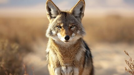 Fototapeta premium Lone coyote staring directly at the camera deep desert background hyper realistic fur details