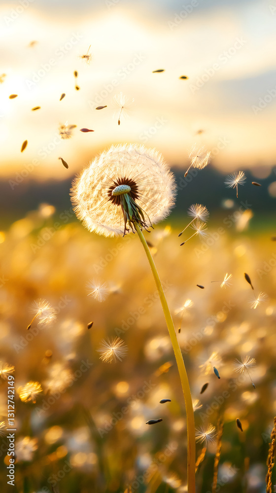 Aufkleber dandelion spreading seeds in the wind at sunset in a meadow, creating a magical atmosphere