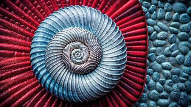 Spiral seashell on an abstract background combining red and silver tones. It is suitable for artistic compositions and decorative themes.