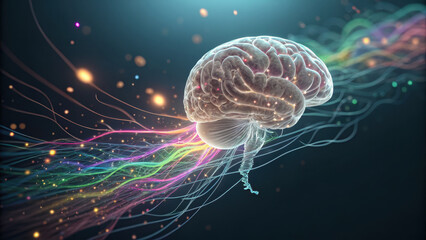 floating brain with glowing text streams, representing advanced technology and creativity