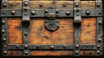 Antique Wooden Chest with Metal Bands, Close-up