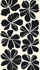 A black and white floral pattern featuring large flowers with petals shaped like lines. Illustration of black and white flowers on an off-white background.