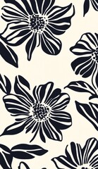 Fototapeta premium A black and white floral pattern featuring large flowers with petals shaped like lines. Illustration of black and white flowers on an off-white background.