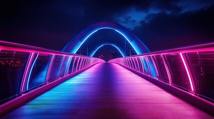 Obraz premium Neon Nightscape: A Futuristic Bridge Illuminated