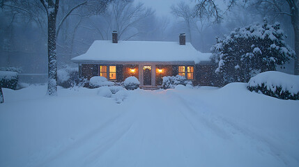 Snowy Evening Home, Snowstorm, Warm Lights