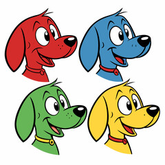 set of four cartoon dogs, each in a different color, smiling and looking friendly. The dogs are in red, blue, green and yellow, vector illustration