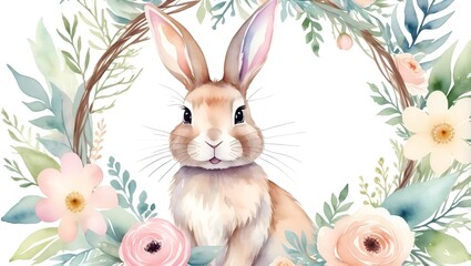 Obraz premium Cute Watercolor Rabbit Surrounded by Floral Wreath Design