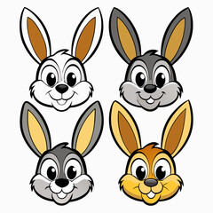 Obraz premium Four adorable cartoon bunny faces with different colors and expressions. They have long ears and cute smiles, perfect for a cheerful design, vector illustration