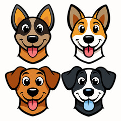 set of four cartoon dog heads, each with a unique and cheerful expression. The dogs display different fur colors and smiles, vector illustration