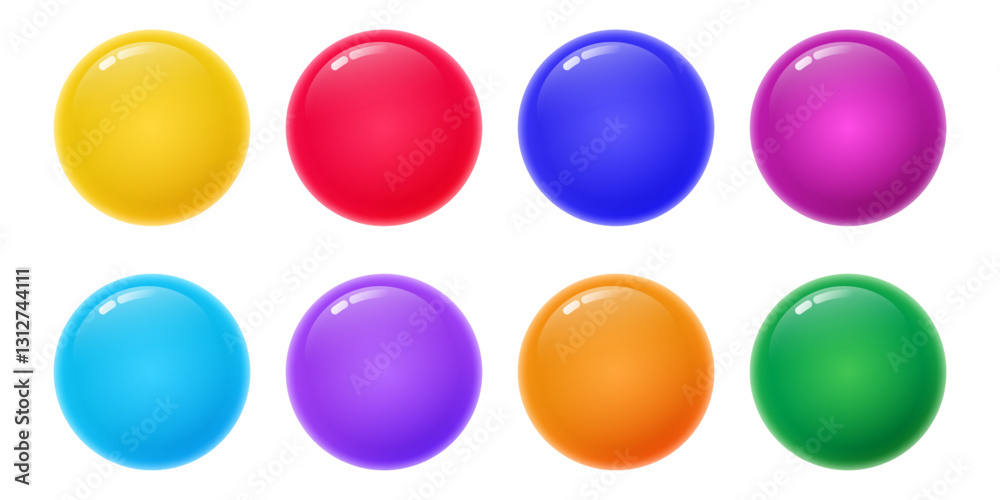Wall mural circle colorful buttons set. 3d glossy round icons. magnet web button isolated on white background. 