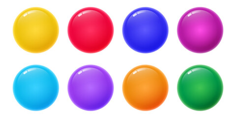 Circle colorful buttons set. 3d Glossy round icons. Magnet web button isolated on white background. Shiny blue, green, red purple yellow circles