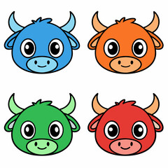 a collection of four colorful cartoon ox heads, each with a unique expression and vibrant hue vector illustration