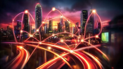 Modern city illuminated by vibrant digital networks.