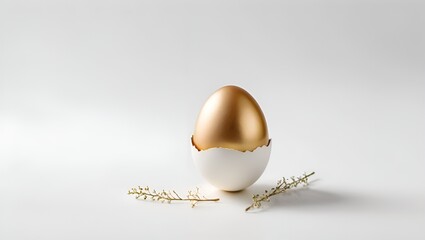 Golden Egg in Cracked Shell with Delicate Twigs on White Background