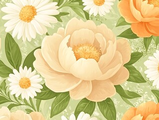 A repeating pattern of illustrated flowers and leaves on a green background