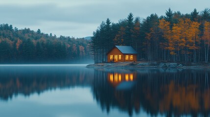 Fototapeta premium Autumn cabin by tranquil lake at dusk